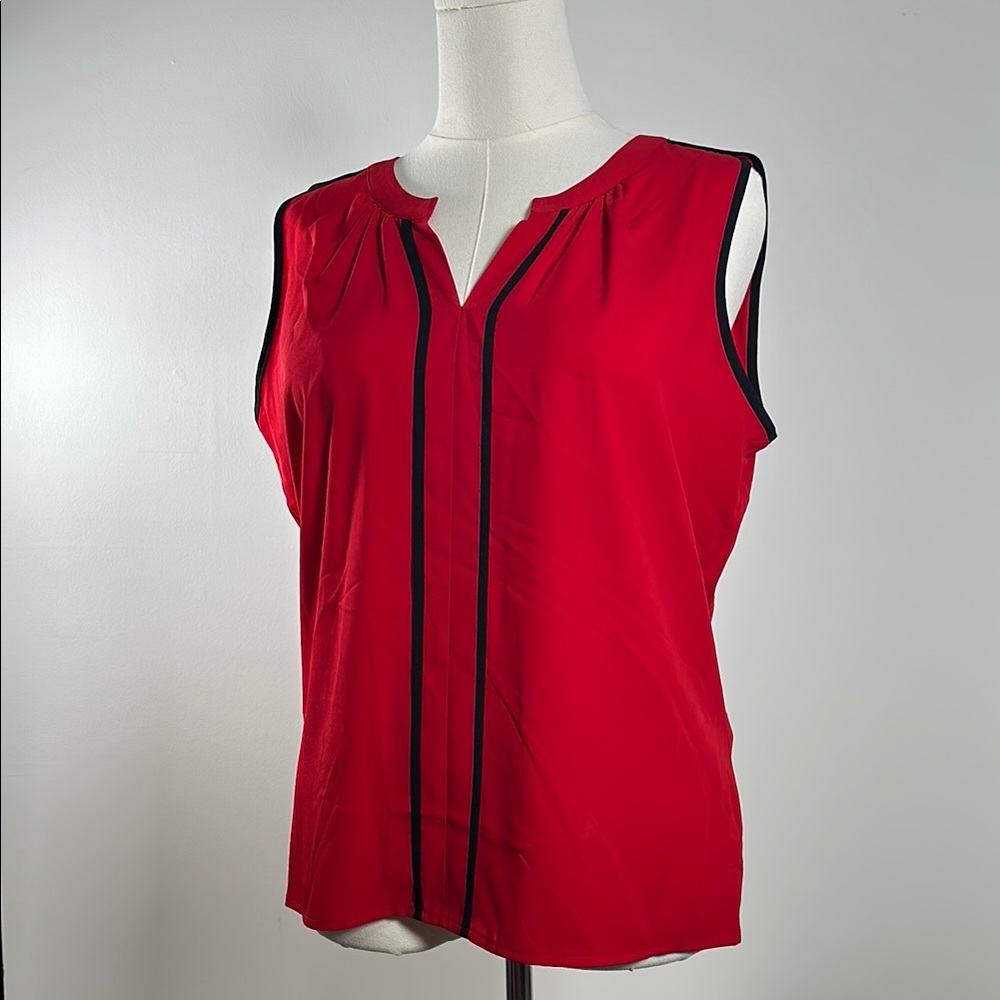 Calvin Klein Red Sleeveless Blouse with Mandarin Collar